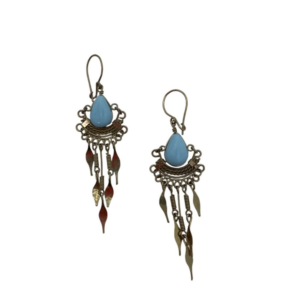 New VTG Tribal Artisan Handmade Dangle Drop Earrings Blue Opal 2"Metal Wire Art